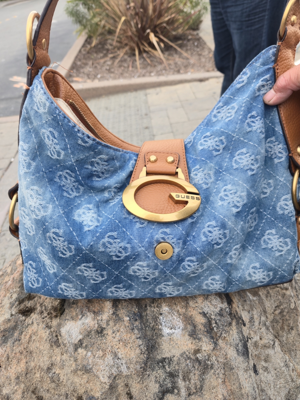Guess Blue Denim Logo Shoulder Bag with Tan Trim and Gold Hardware